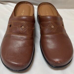 Brown Leather Clogs with Square Cut Out and Light Tan Stitching Design Comfort